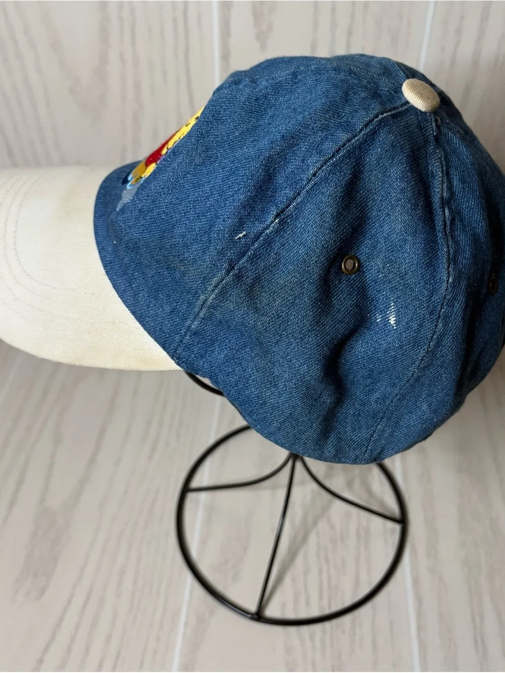 VINTAGE Winnie The Pooh Hat Blue Denim Cap Stretch Back 90s Disney Retro